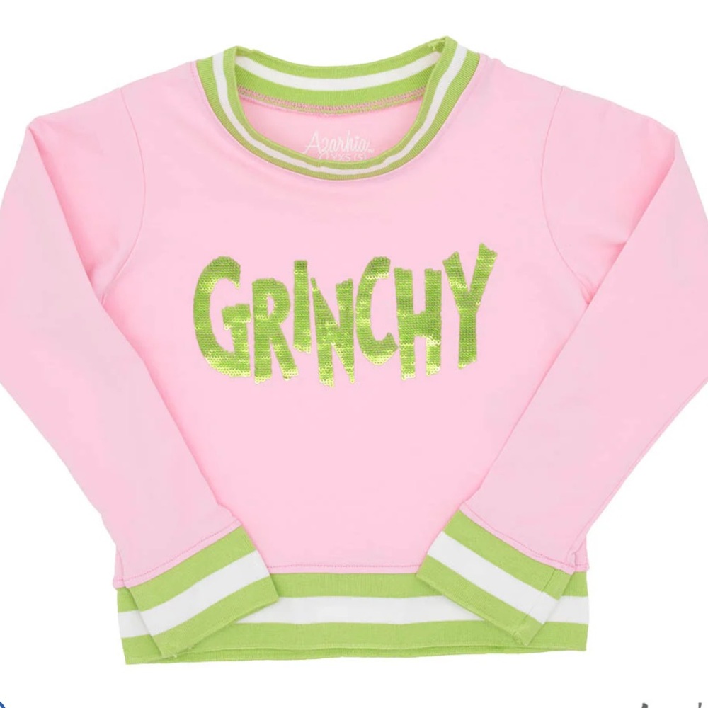 Grinchy in Sequin on Pink Crew Sweatshirt
